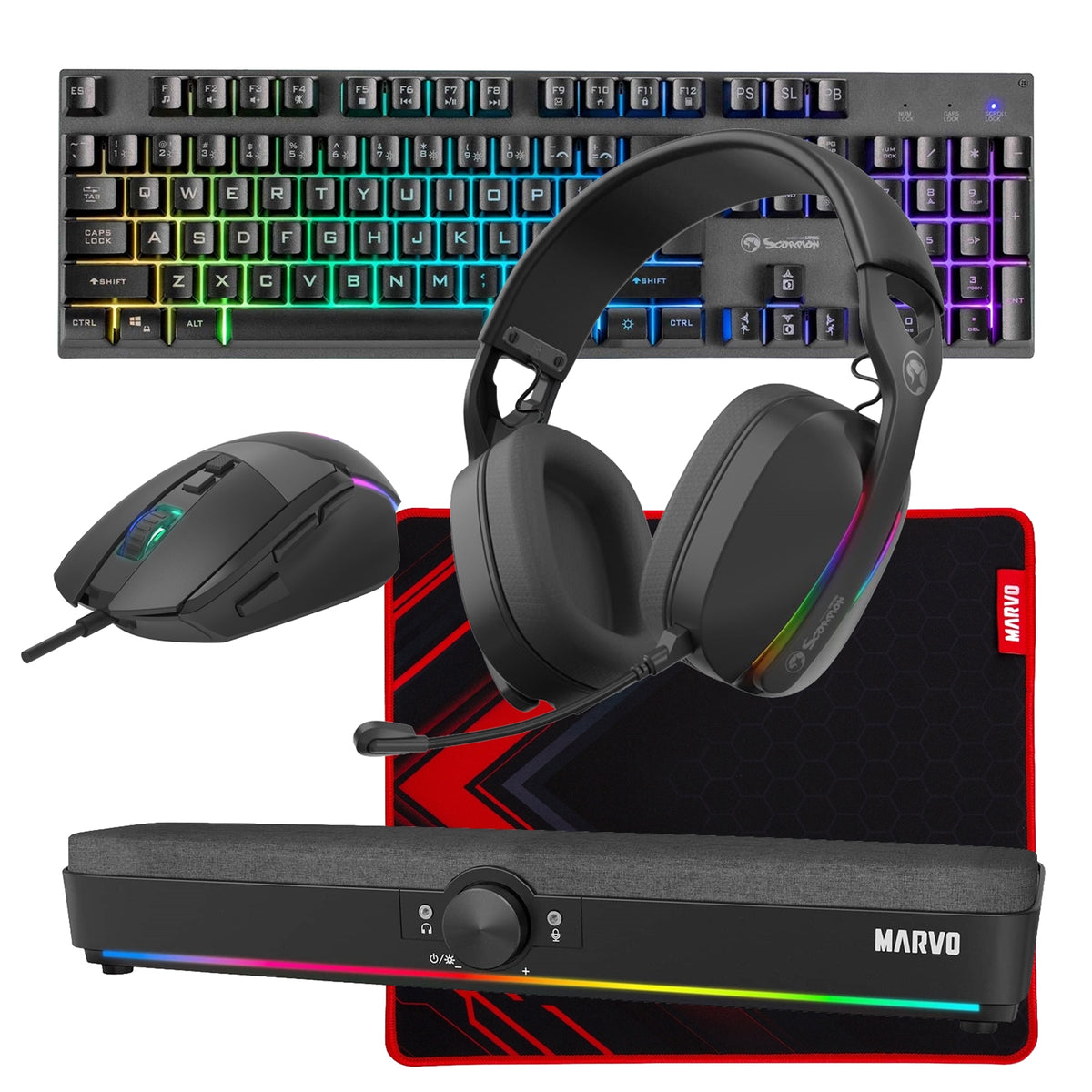 Marvo Scorpion 6-Product Gaming & Streaming Bundle featuring Gaming Keyboard, Programmable USB Mouse, Non-Slip Mousepad, PC & Console-Compatible Gaming Headset, RGB Stereo Soundbar & USB Streaming Microphone