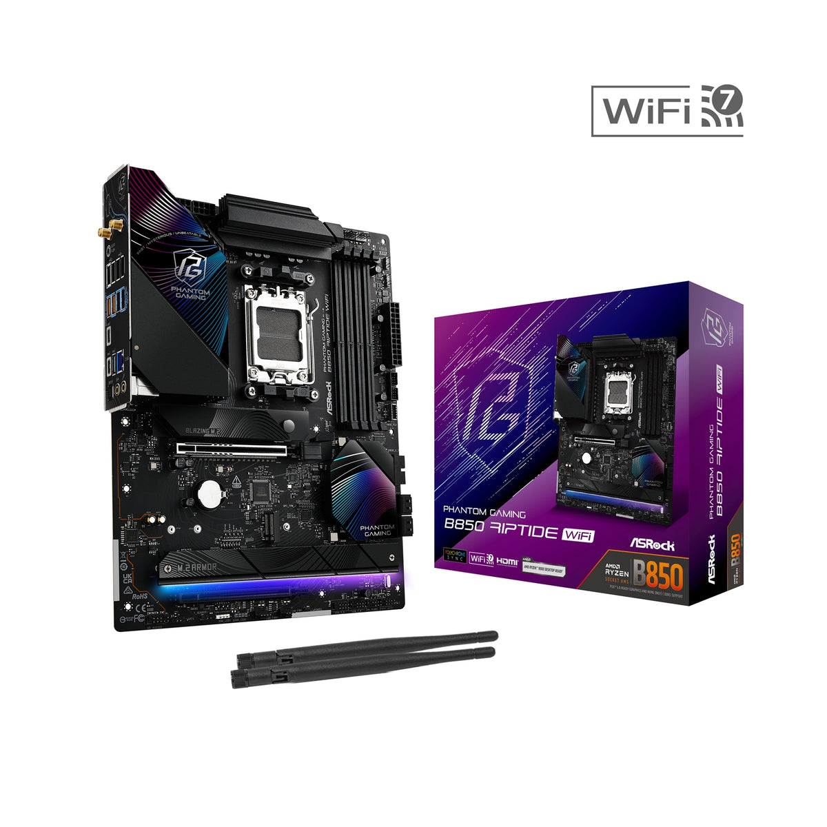 ASRock B850 Riptide WiFi PHANTOM GAMING AMD AM5 Socket Motherboard, ATX, 4x DDR5 Slots, 4x M.2 Sockets, Fitted I/O Shield, 2.5GbE LAN, Wi-Fi 7, 1x HDMI Port