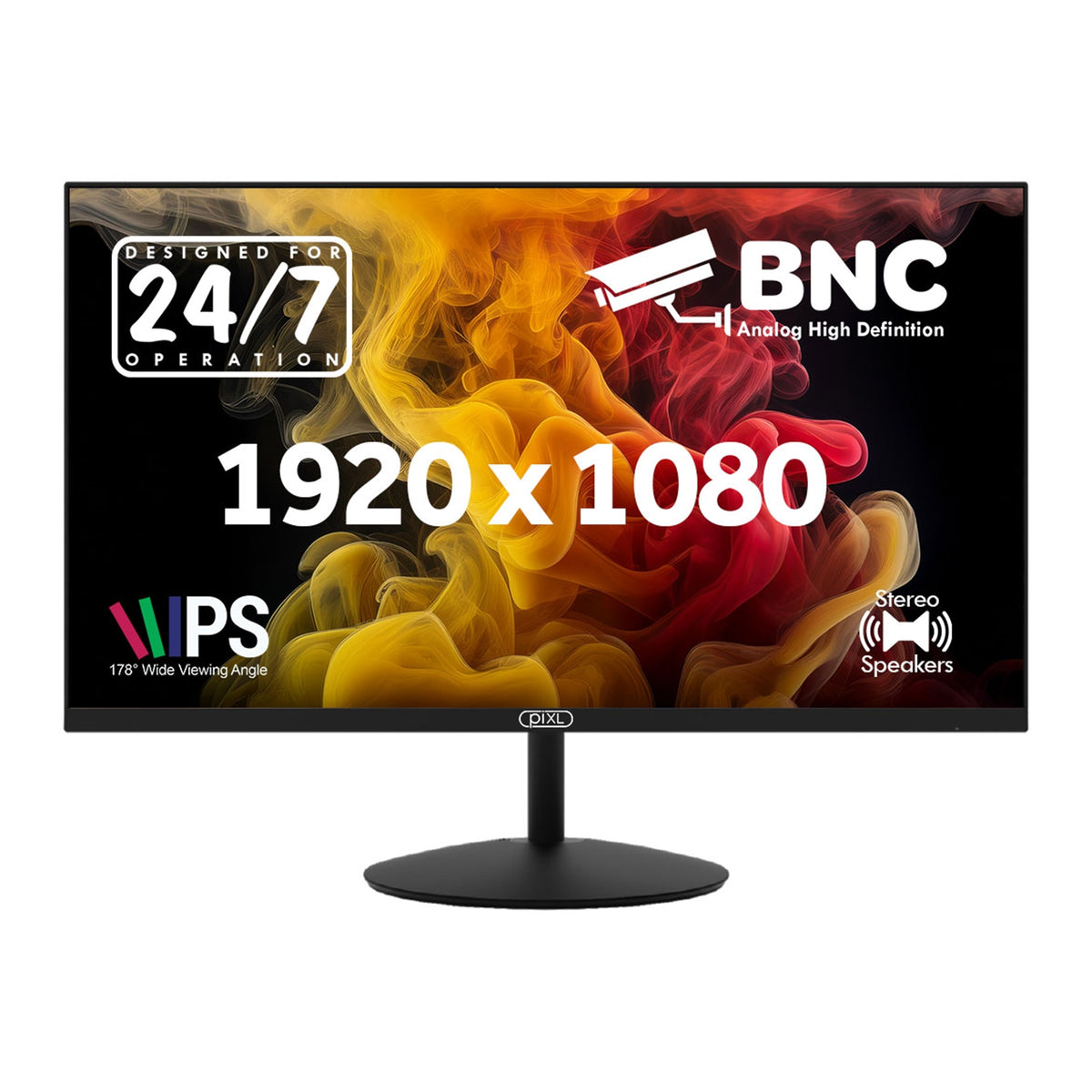 piXL 24-inch Full HD Energy Saving CCTV IPS Monitor for 24/7 use with BNC, HDMI & VGA Connections and CVBS, AHD, TVI & CVI Signal Support