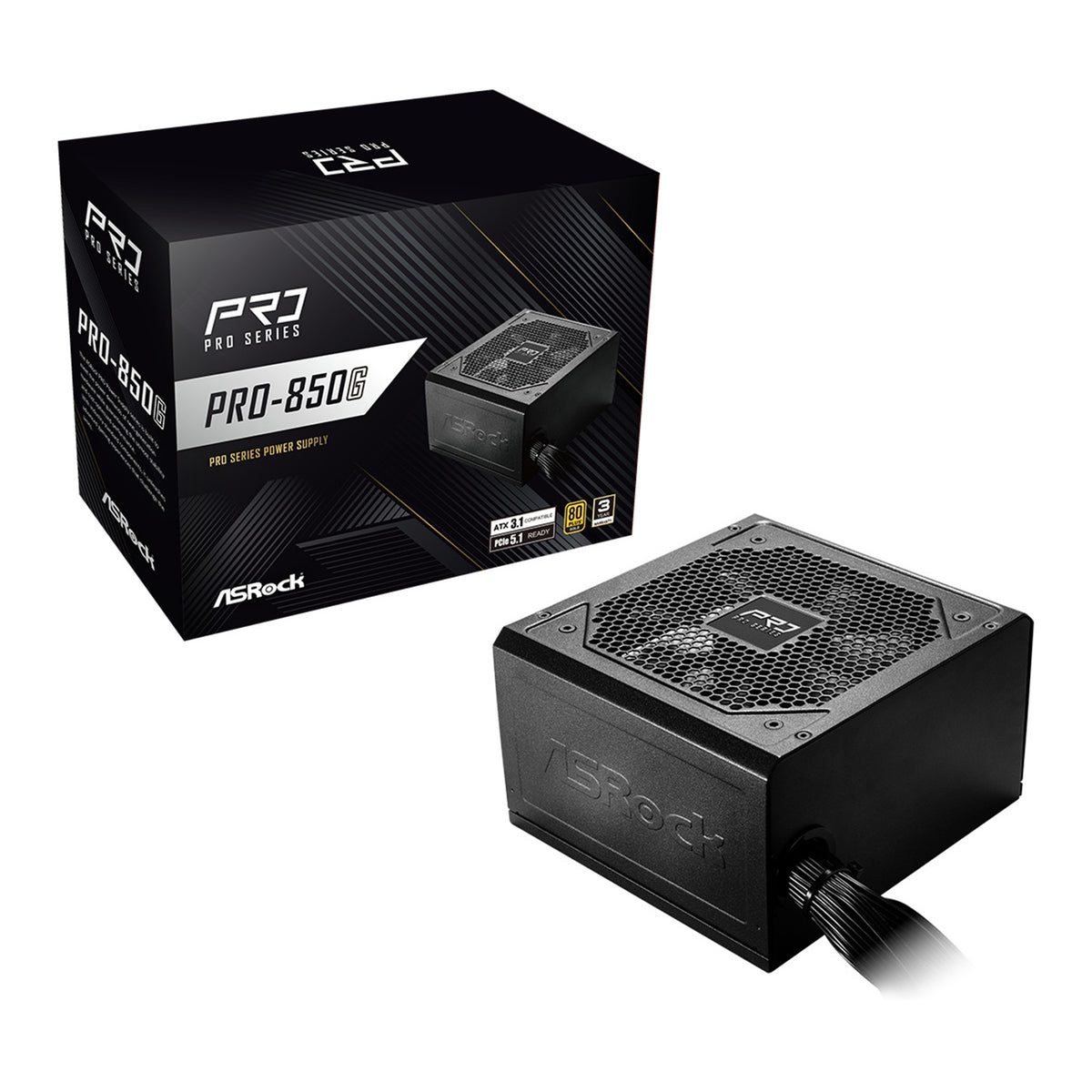 ASRock PRO-850G 850W ATX Power Supply Unit, 80 Plus Gold Certified, 120mm Silent Cooling Fan, High Efficiency PSU