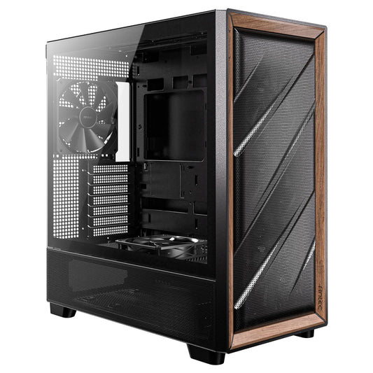 Antec FLUX Mid Tower Gaming Case, 1 x USB Type-C / 2 x USB 3.0, Tempered Glass Side Window Panel, Multi-directional Vent Design, Walnut Wood Accents, 5 x Pre-Installed PWM Fans, E-ATX (=330mm), ATX, Micro-ATX, ITX Compatible