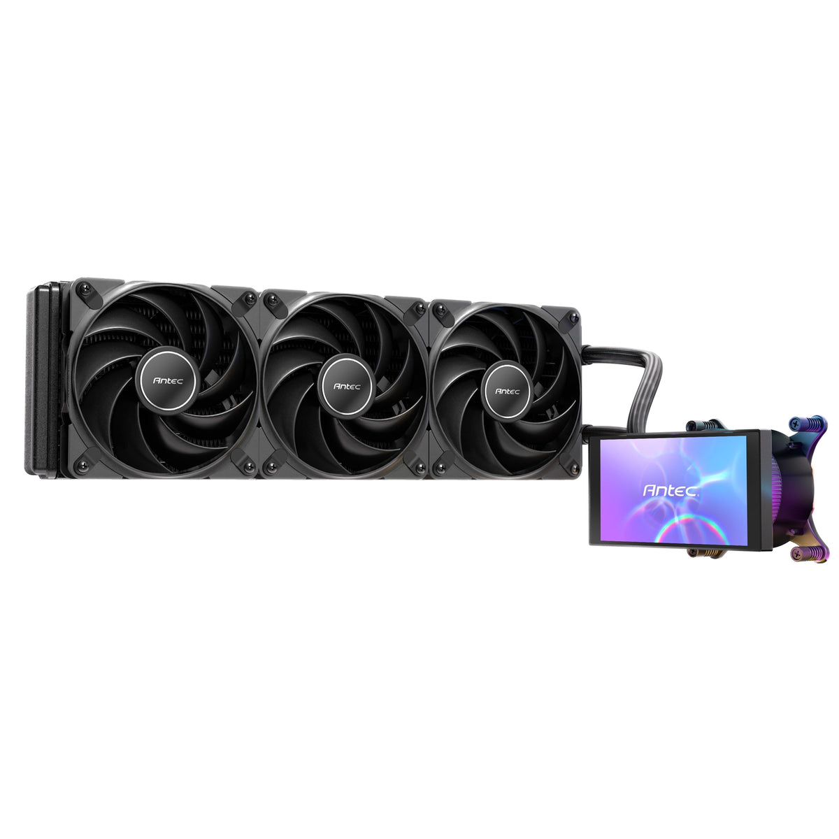 Antec Vortex View 360 Black AIO Liquid CPU Cooler, Massive 5-Inch Rotatable IPS LCD Display, 9th Gen Asetek Pump for 400W TDP, Triple 120mm PWM Fans,  ARGB Backglow