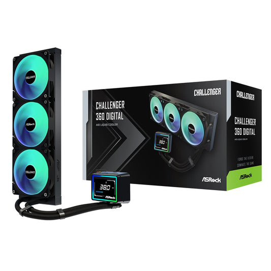 ASRock Challenger 360 Digital AIO Liquid CPU Cooler, 360mm Radiator, Triple 120mm PWM ARGB Fans, 3? Digital Display, Intel LGA1700/1851 & AMD AM5/AM4 Compatible