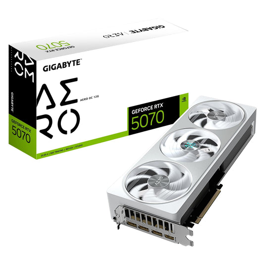 Gigabyte NVIDIA GeForce RTX 5070 AERO OC 12GB GDDR7 Graphics Card, 6144 CUDA Cores, 2625 MHz Core Clock, Triple Fan, White, RGB, 3x DisplayPorts / 1x HDMI Port