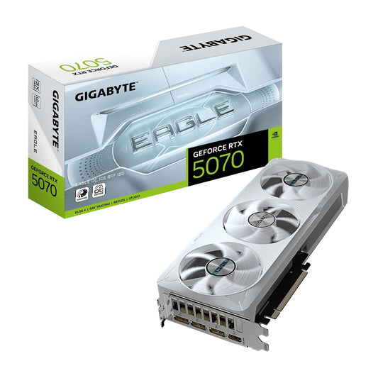 Gigabyte NVIDIA GeForce RTX 5070 EAGLE OC ICE SFF 12GB GDDR7 Graphics Card, 6144 CUDA Cores, 2587 MHz Core Clock, Triple Fan, White, 3x DisplayPorts / 1x HDMI Port