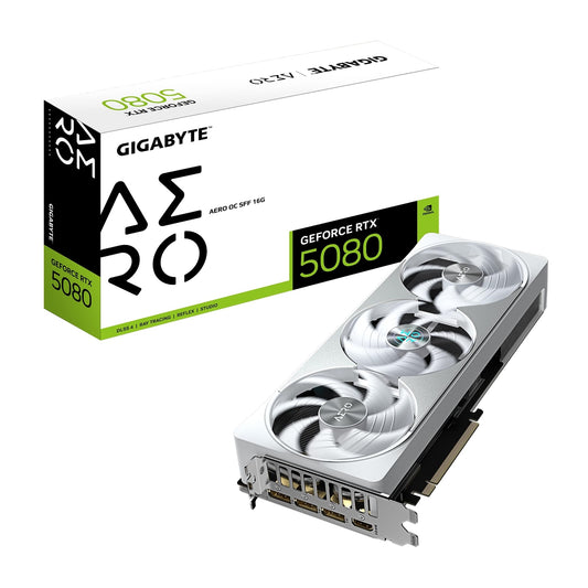 Gigabyte NVIDIA GeForce RTX 5080 AERO OC SFF 16GB GDDR7 Graphics Card, 10752 CUDA Cores, 2730 MHz Core Clock, Triple Fan, White, RGB, 3x DisplayPorts / 1x HDMI Port