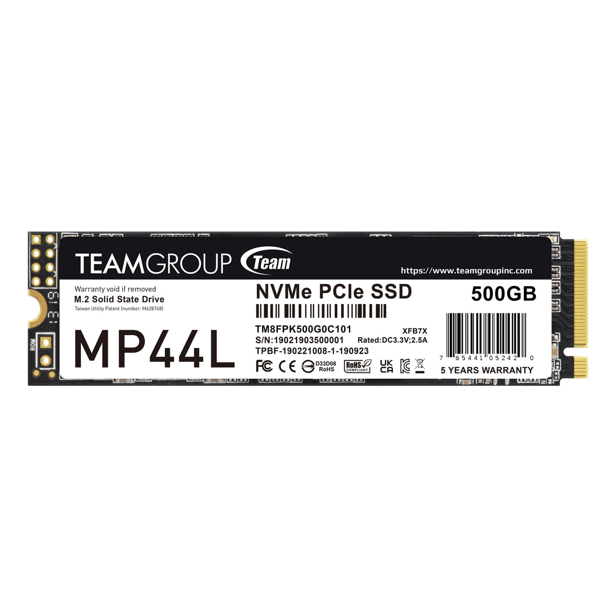 Team MP44L (TM8FPK500G0C101) 500GB NVMe SSD, PCIe Gen4, M.2 Interface, 2280, Read 5000 MB/s, Write 3700 MB/s, 5 Year Warranty