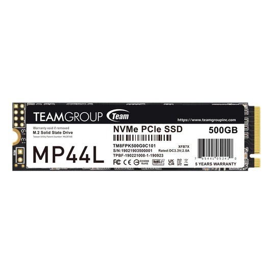Team MP44L (TM8FPK500G0C101) 500GB NVMe SSD, PCIe Gen4, M.2 Interface, 2280, Read 5000 MB/s, Write 3700 MB/s, 5 Year Warranty