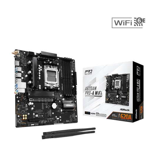 ASRock A620AM PRO-A WIFI AMD AM5 Socket Motherboard, Micro-ATX, 4x DDR5 Slots, 3x M.2 Sockets, 2.5GbE LAN, Wi-Fi 6E, 1x HDMI Port