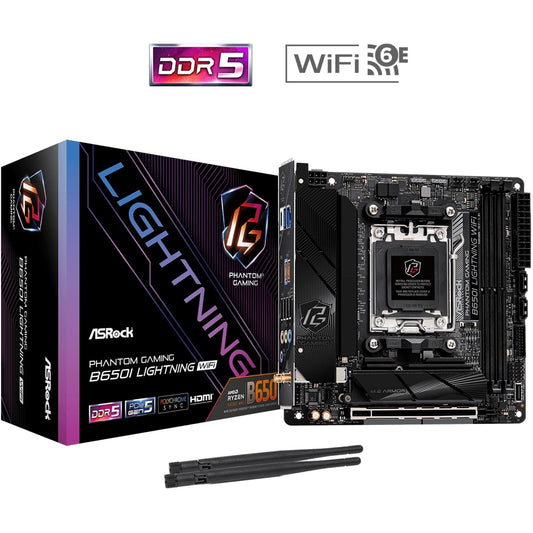 ASRock B650I LIGHTNING WIFI AMD AM5 Socket Motherboard, Mini-ITX, 2x DDR5 Slots, 2x M.2 Sockets, Fitted I/O Shield, 2.5GbE LAN, Wi-Fi 6E, 1x HDMI Port