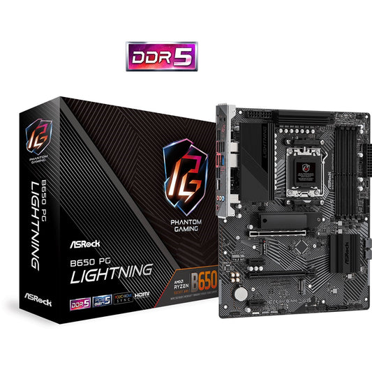ASRock B650 PG Lightning AMD AM5 Socket Motherboard, ATX, 4x DDR5 Slots, 3x M.2 Sockets, Fitted I/O Shield, 2.5GbE LAN, 1x HDMI Port