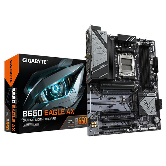 Gigabyte B650 EAGLE AX AMD AM5 Socket Motherboard, ATX, 4x DDR5 Slots, 3x M.2 Sockets, Fitted I/O Shield, GbE LAN, Wi-Fi 6E, 1x DisplayPort / 1x HDMI Port