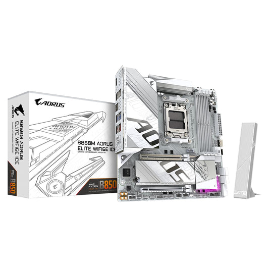 Gigabyte B850M AORUS ELITE WIFI6E ICE AMD AM5 Socket Motherboard, Micro-ATX, 4x DDR5 Slots, 2x M.2 Sockets, Fitted I/O Shield, 2.5GbE LAN, Wi-Fi 6E, 1x DisplayPort / 1x HDMI Port