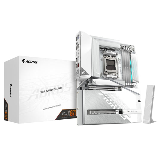 Gigabyte X870 AORUS STEALTH ICE AMD AM5 Socket Motherboard, ATX, 4x DDR5 Slots, 4x M.2 Sockets, 5GbE LAN, Wi-Fi 7, 1x HDMI Port / 2x USB-C (USB4)