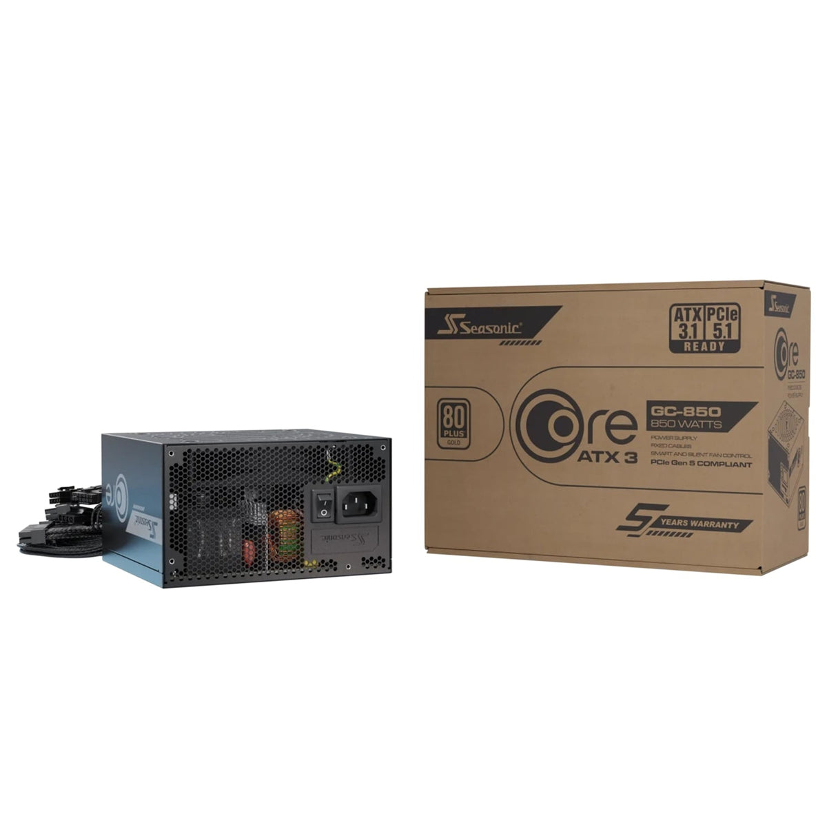 Seasonic CORE GC-850 850W 80 PLUS Gold ATX 3.1 Non-Modular PSU with 120mm HDB Fan, Braided Cables & 5 Year Warranty, Black