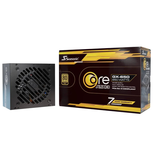 Seasonic CORE GX ATX 3.1  (SRP-CGX651-A5A32SF) 650W PSU, 120mm Fan, 80 PLUS Gold, Fully Modular, Individual Black Cables with Braided Pattern, 7 Years Warranty - Black