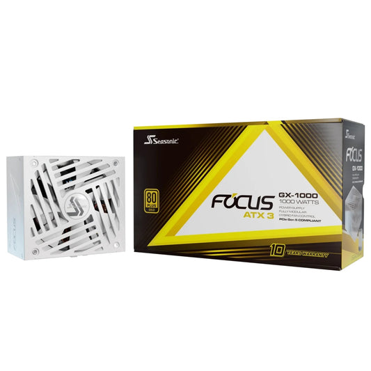 Seasonic FOCUS GX V4 1000W 80 PLUS Gold ATX 3.1 Modular PSU with 135mm FDB Fan, Braided White Cables & 10 Year Warranty, White